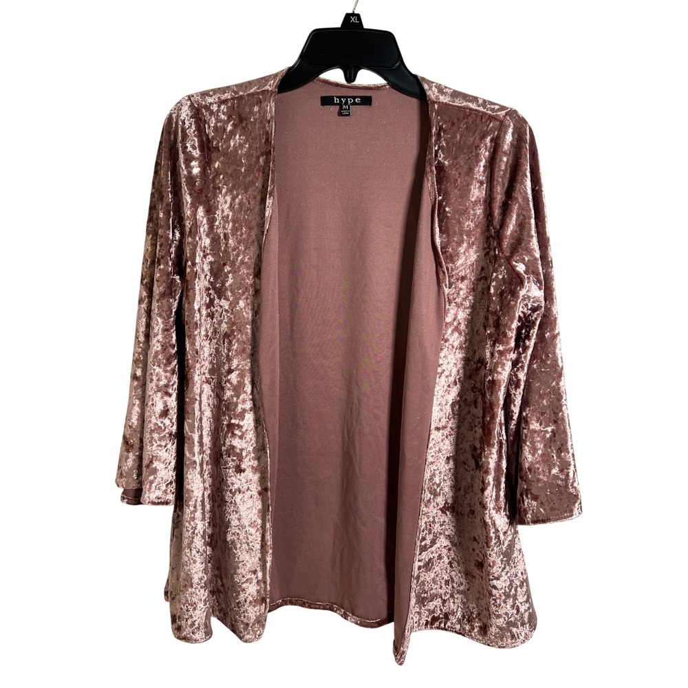 Hype Womens Crushed Velvet Open‎ Cardigan Size Mauve Pink 3/4 Sleeve Dressy Glam